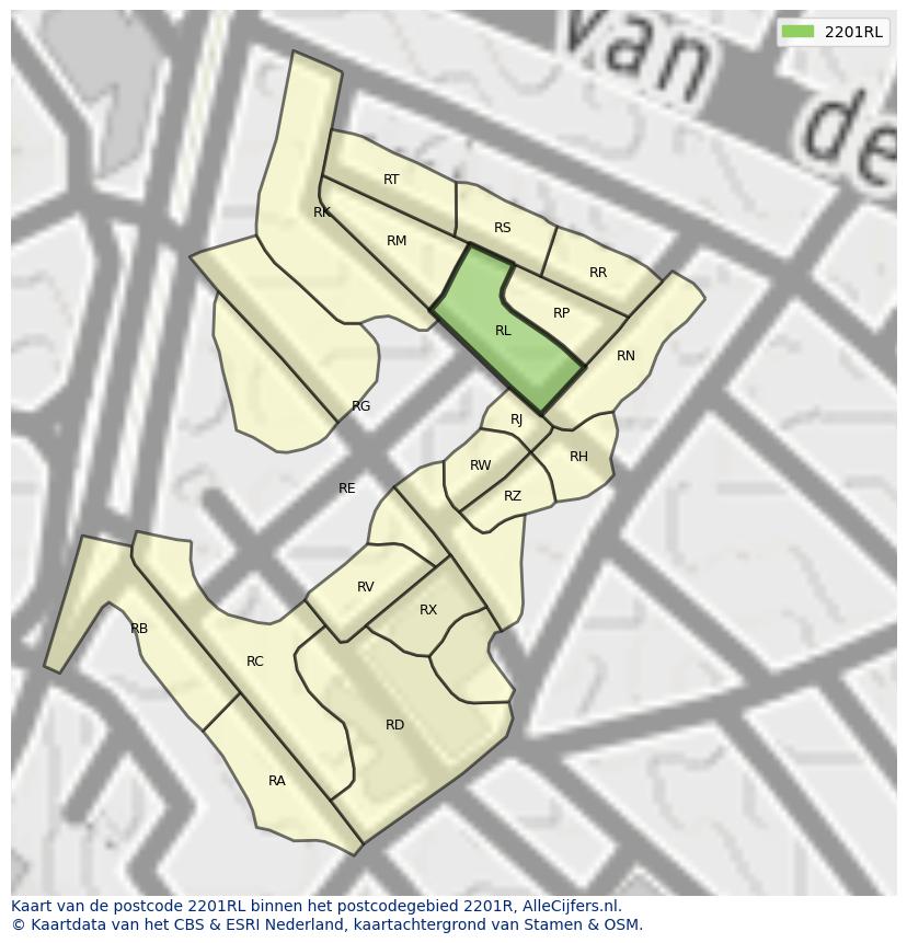 Afbeelding van het postcodegebied 2201 RL op de kaart.