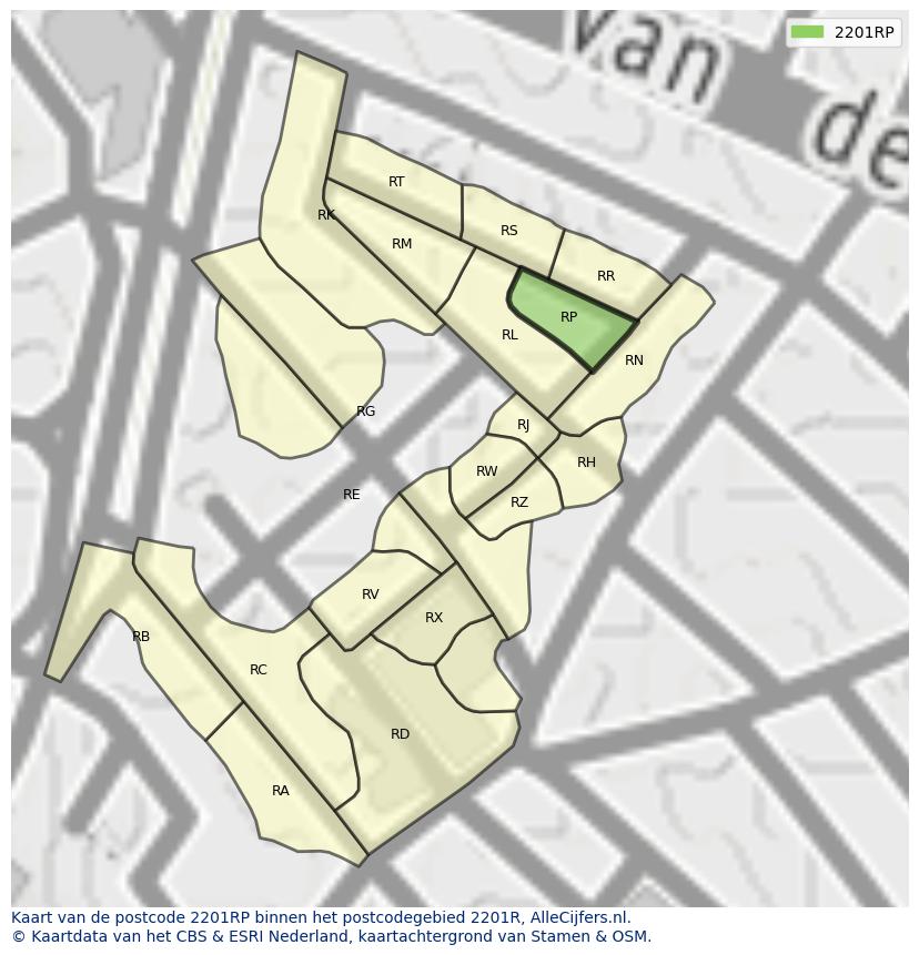 Afbeelding van het postcodegebied 2201 RP op de kaart.