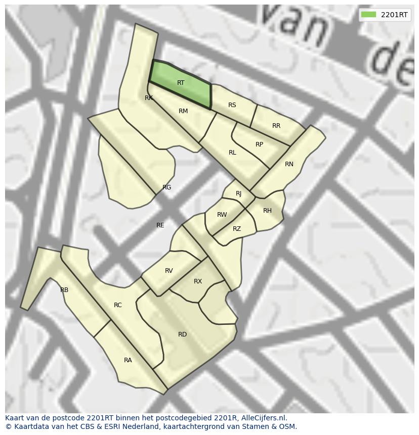 Afbeelding van het postcodegebied 2201 RT op de kaart.