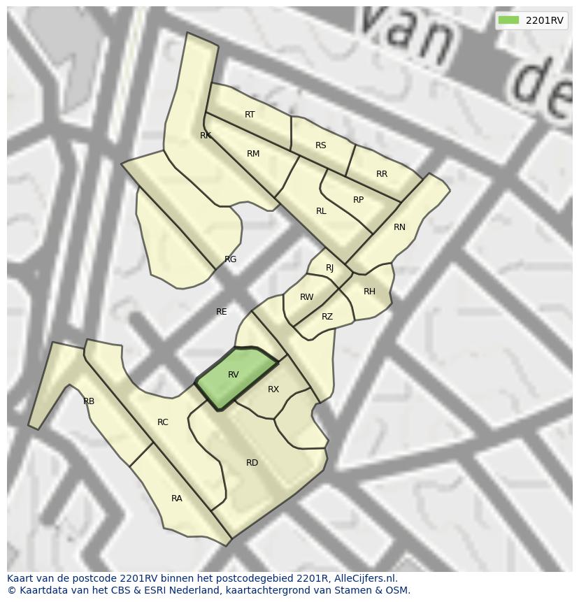 Afbeelding van het postcodegebied 2201 RV op de kaart.