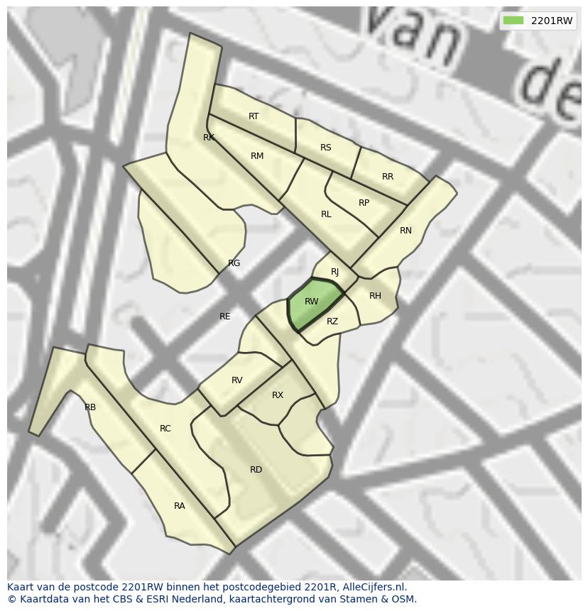 Afbeelding van het postcodegebied 2201 RW op de kaart.
