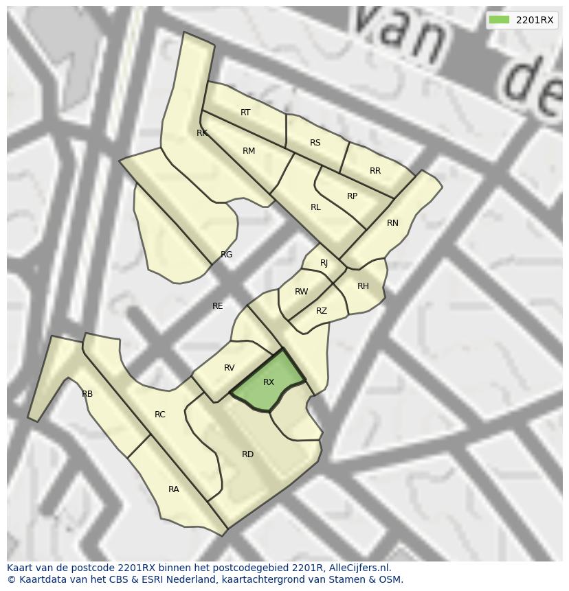 Afbeelding van het postcodegebied 2201 RX op de kaart.