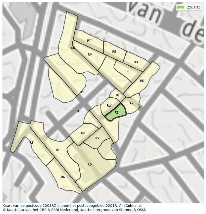 Afbeelding van het postcodegebied 2201 RZ op de kaart.