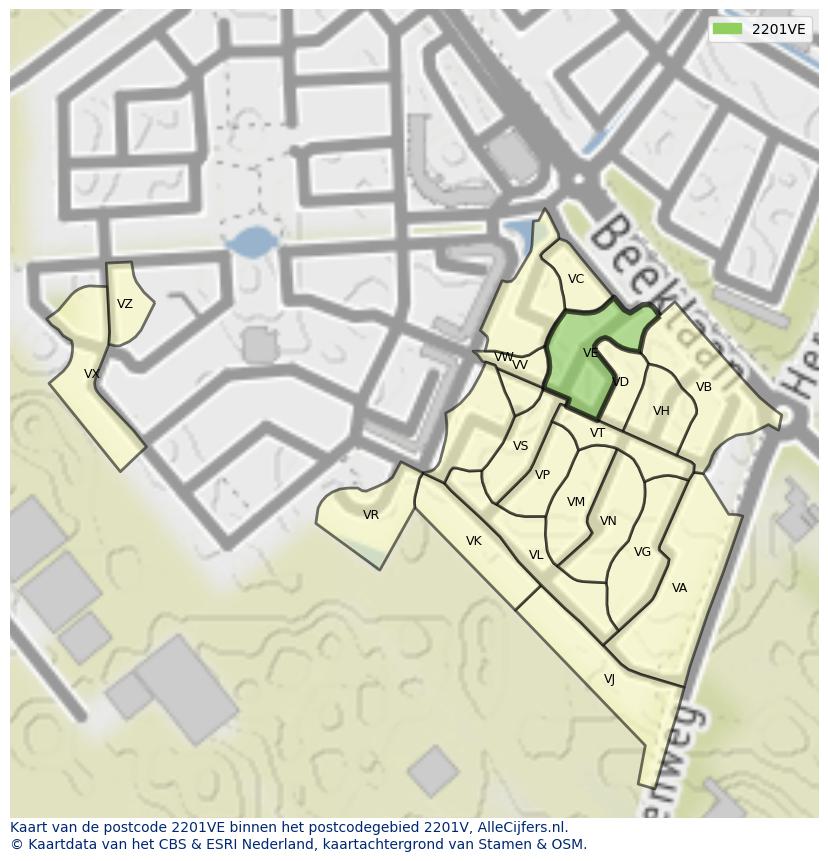 Afbeelding van het postcodegebied 2201 VE op de kaart.