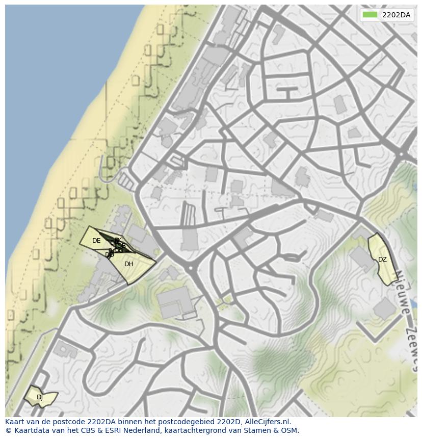 Afbeelding van het postcodegebied 2202 DA op de kaart.