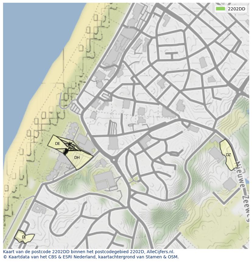 Afbeelding van het postcodegebied 2202 DD op de kaart.