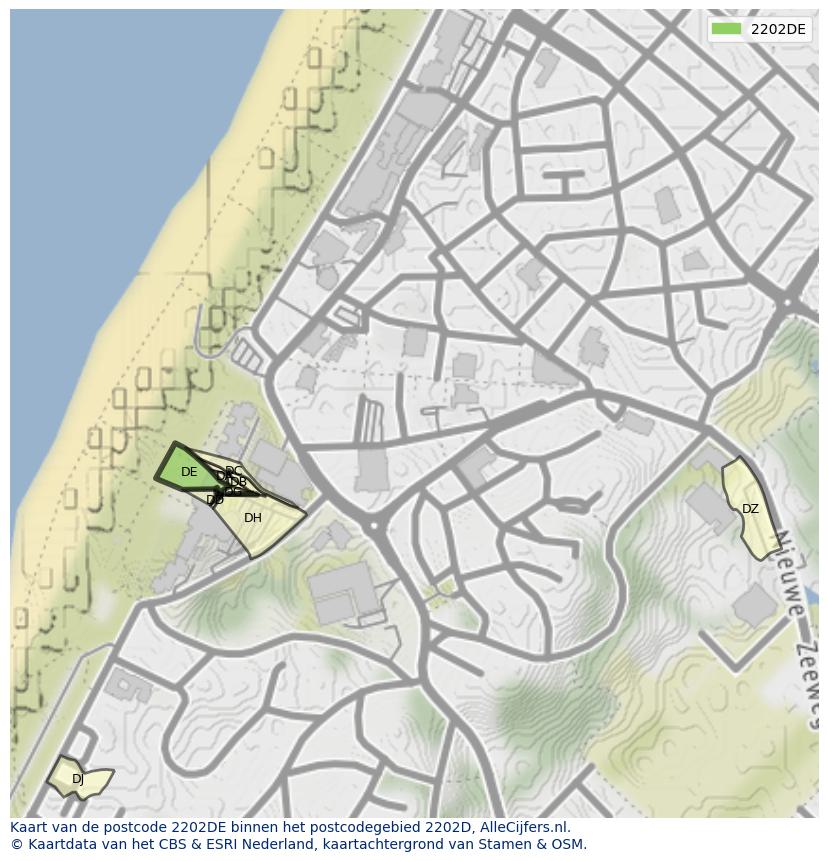 Afbeelding van het postcodegebied 2202 DE op de kaart.