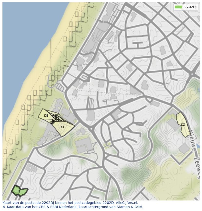 Afbeelding van het postcodegebied 2202 DJ op de kaart.