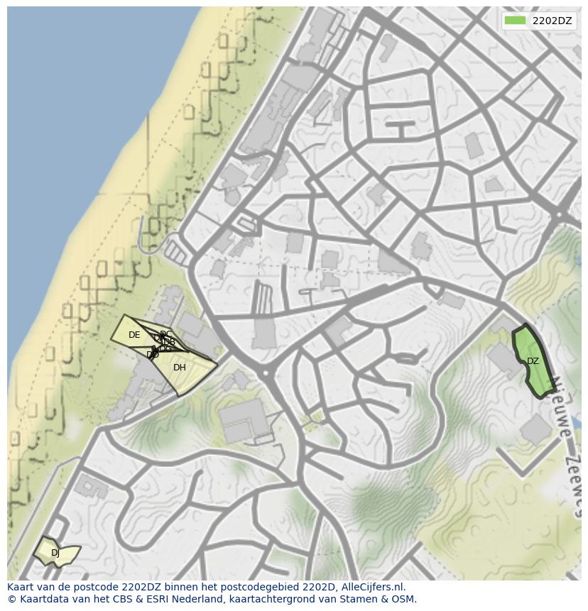 Afbeelding van het postcodegebied 2202 DZ op de kaart.