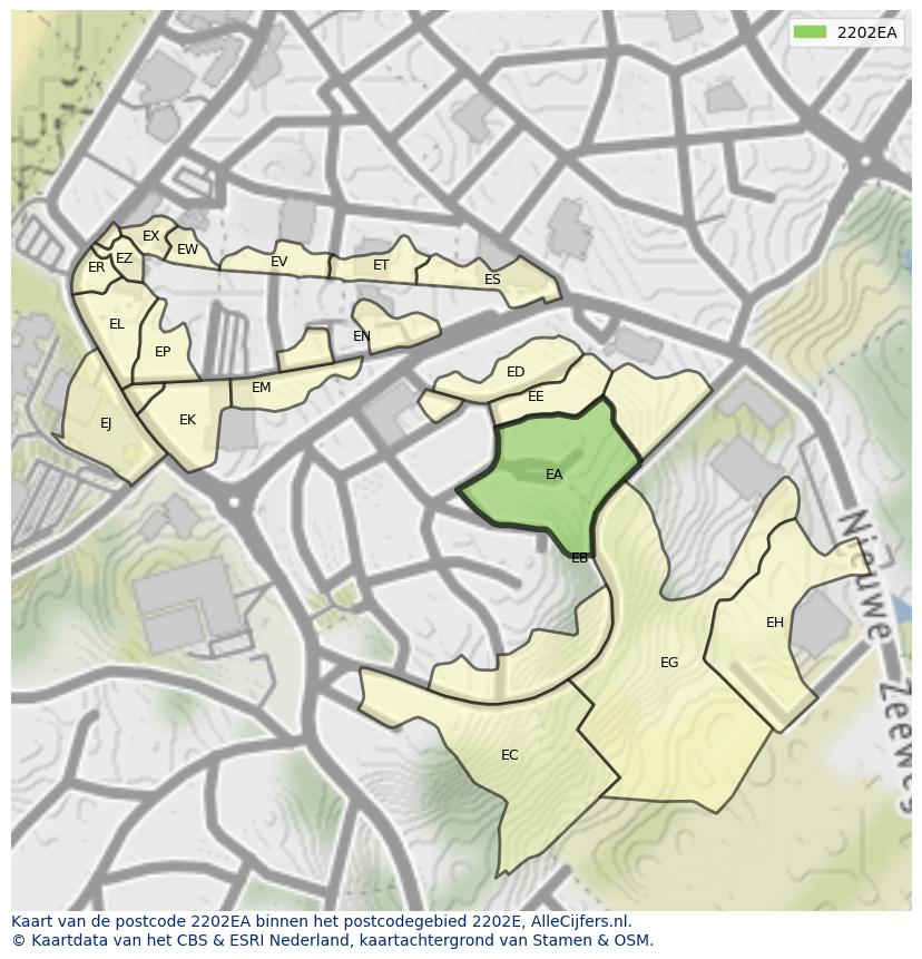 Afbeelding van het postcodegebied 2202 EA op de kaart.