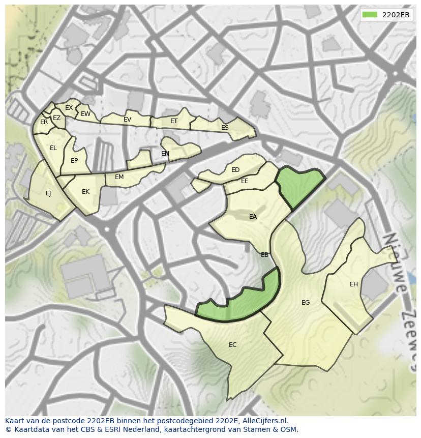 Afbeelding van het postcodegebied 2202 EB op de kaart.