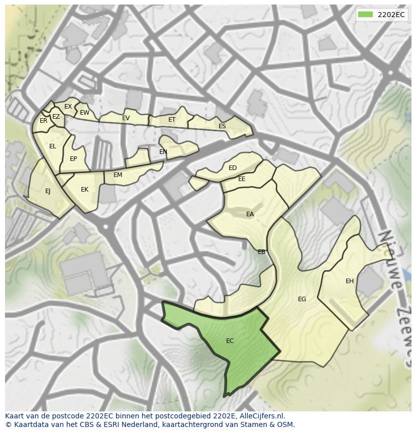 Afbeelding van het postcodegebied 2202 EC op de kaart.