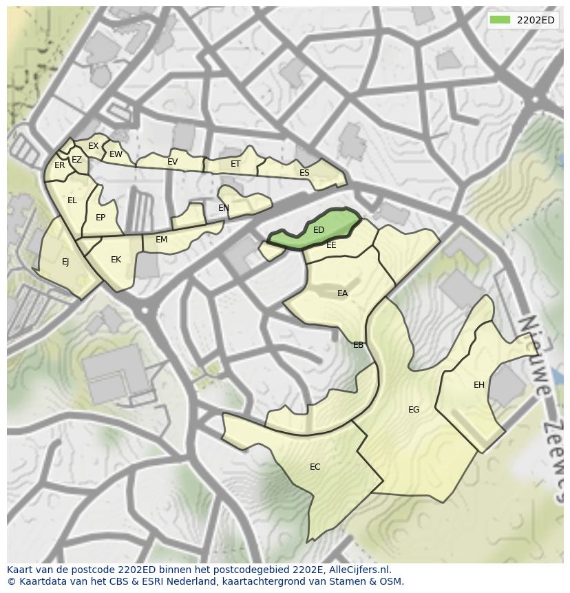 Afbeelding van het postcodegebied 2202 ED op de kaart.