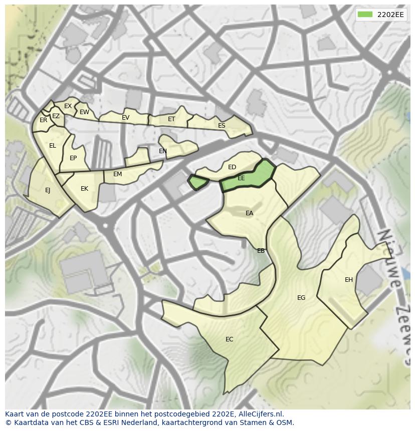 Afbeelding van het postcodegebied 2202 EE op de kaart.