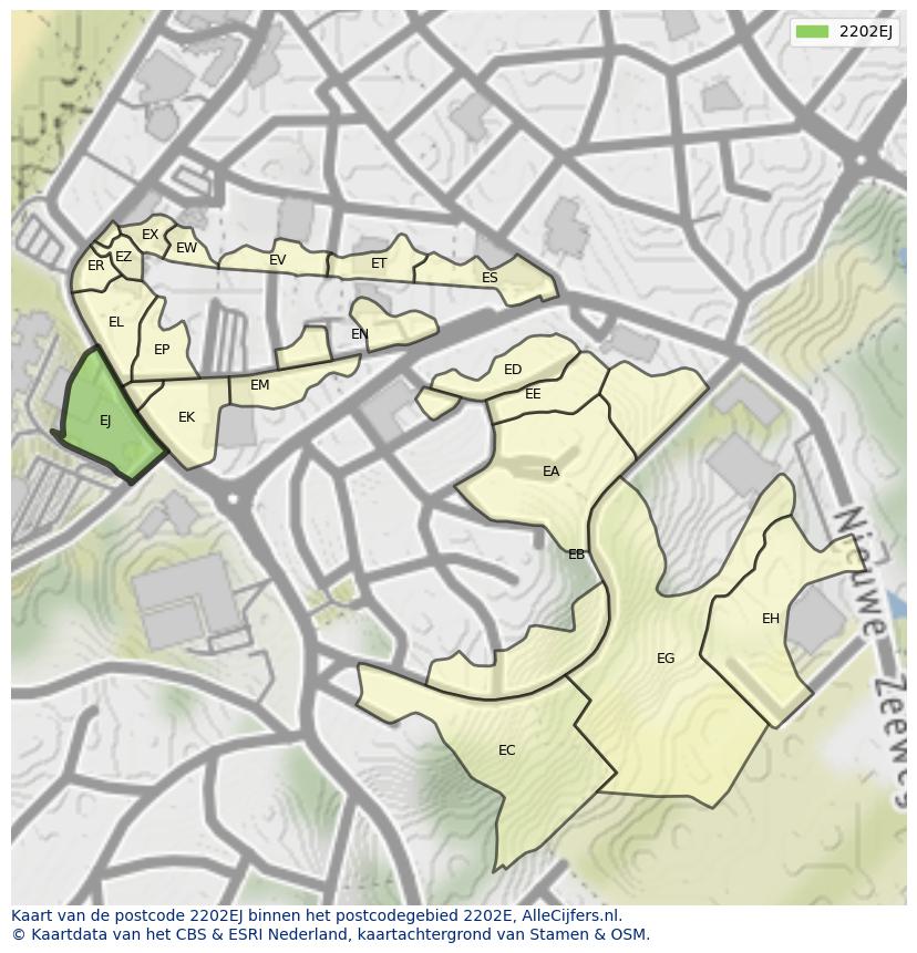 Afbeelding van het postcodegebied 2202 EJ op de kaart.
