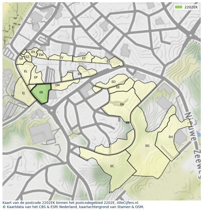 Afbeelding van het postcodegebied 2202 EK op de kaart.