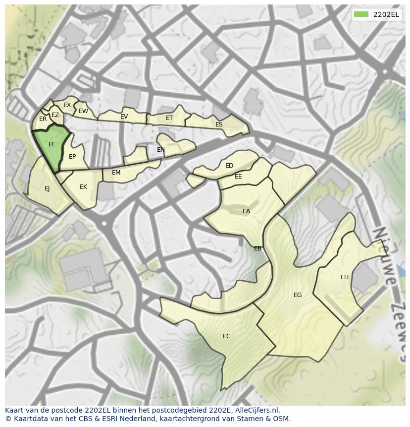 Afbeelding van het postcodegebied 2202 EL op de kaart.