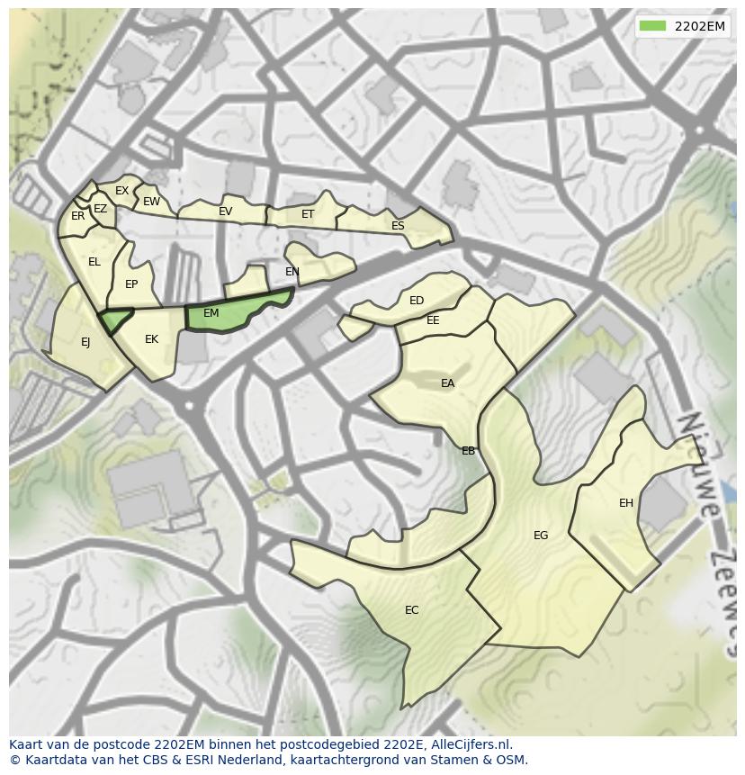 Afbeelding van het postcodegebied 2202 EM op de kaart.