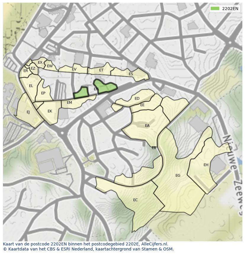 Afbeelding van het postcodegebied 2202 EN op de kaart.