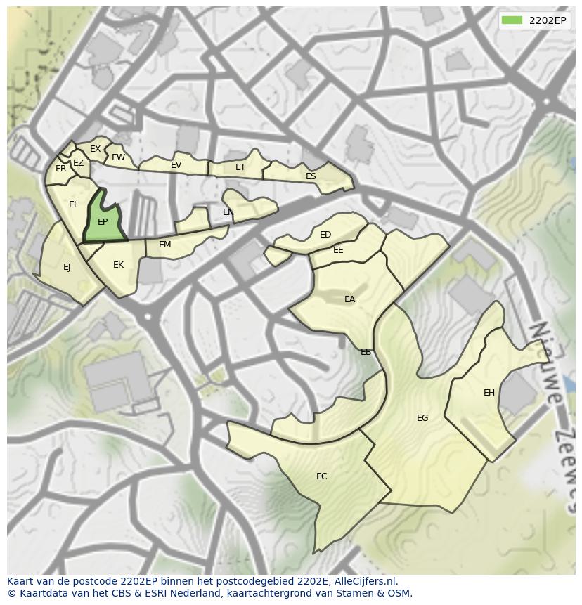 Afbeelding van het postcodegebied 2202 EP op de kaart.