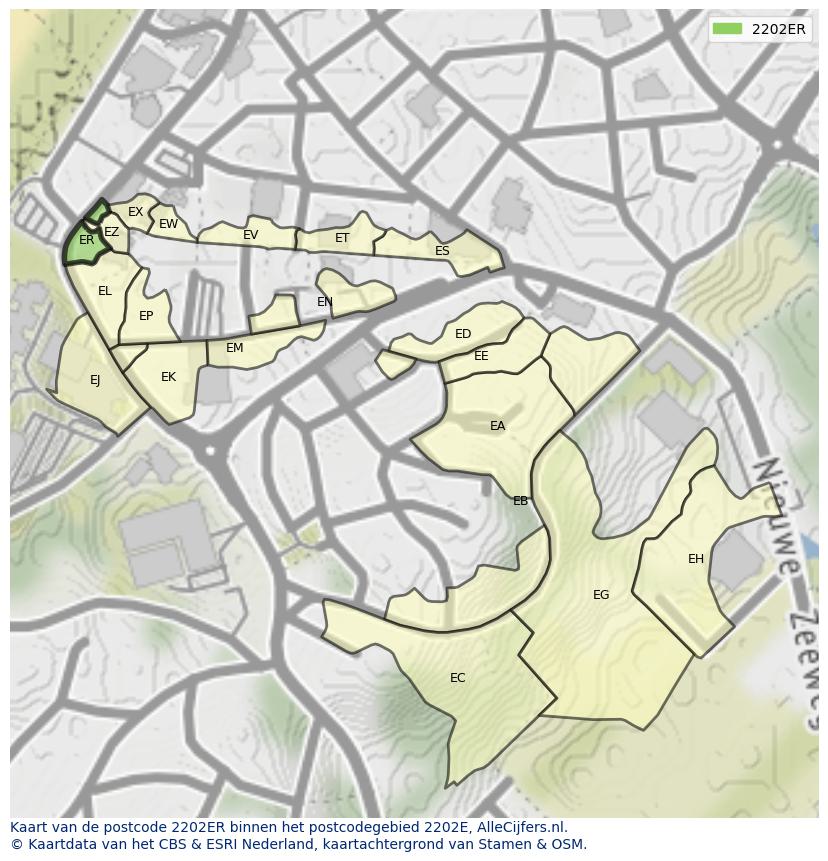 Afbeelding van het postcodegebied 2202 ER op de kaart.