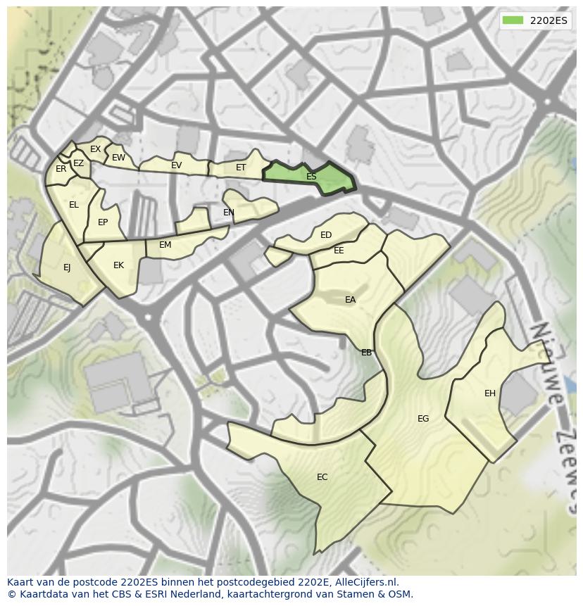 Afbeelding van het postcodegebied 2202 ES op de kaart.