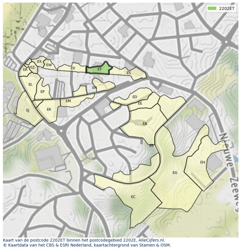 Afbeelding van het postcodegebied 2202 ET op de kaart.