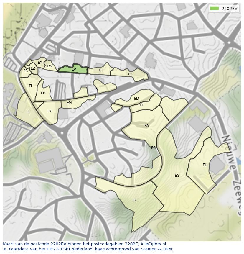 Afbeelding van het postcodegebied 2202 EV op de kaart.