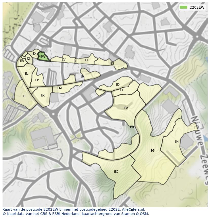 Afbeelding van het postcodegebied 2202 EW op de kaart.