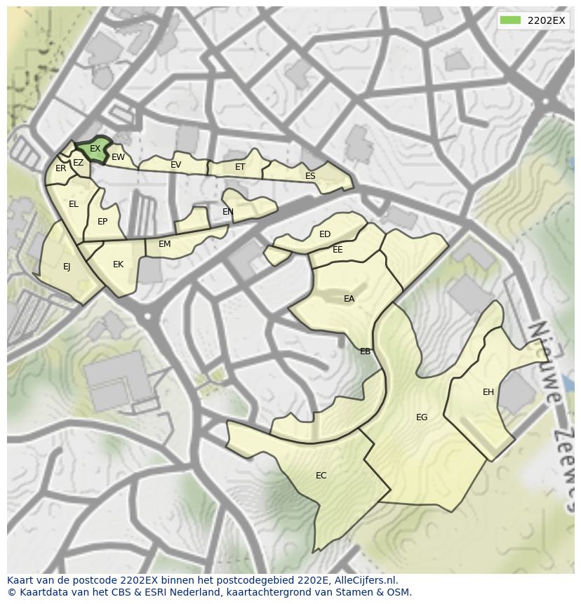 Afbeelding van het postcodegebied 2202 EX op de kaart.