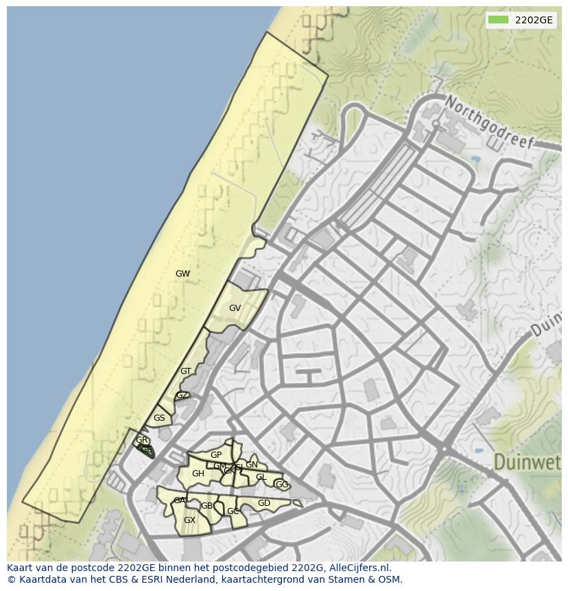 Afbeelding van het postcodegebied 2202 GE op de kaart.