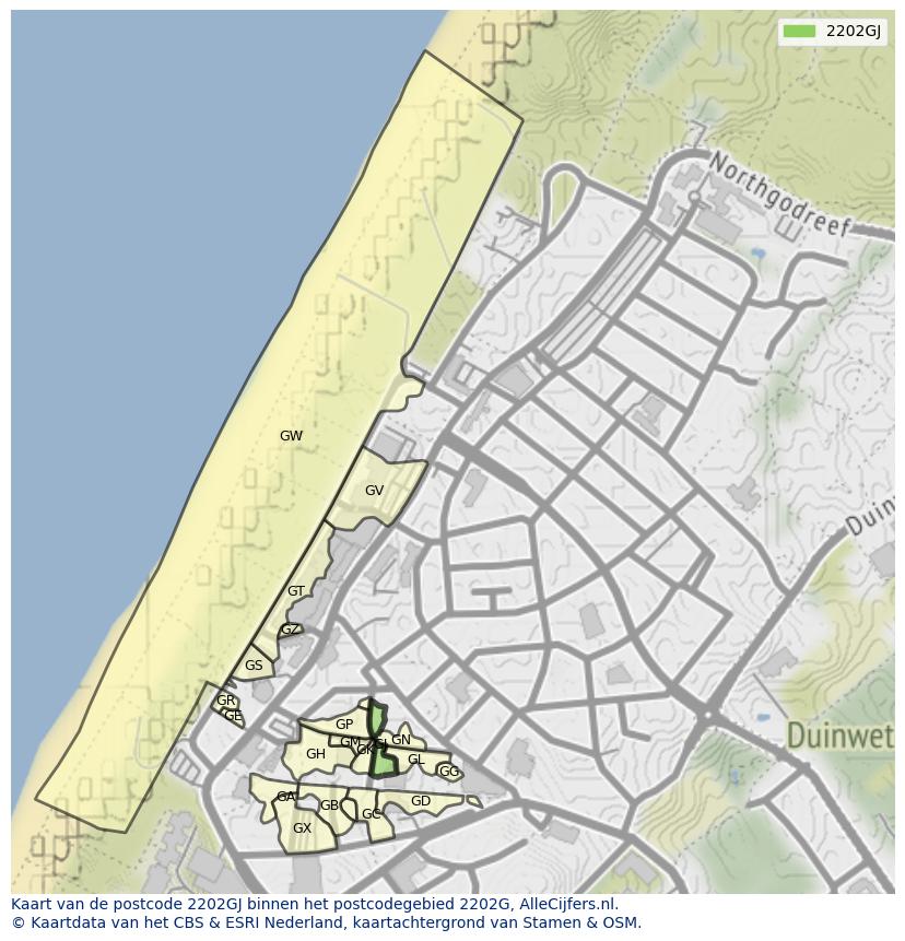 Afbeelding van het postcodegebied 2202 GJ op de kaart.
