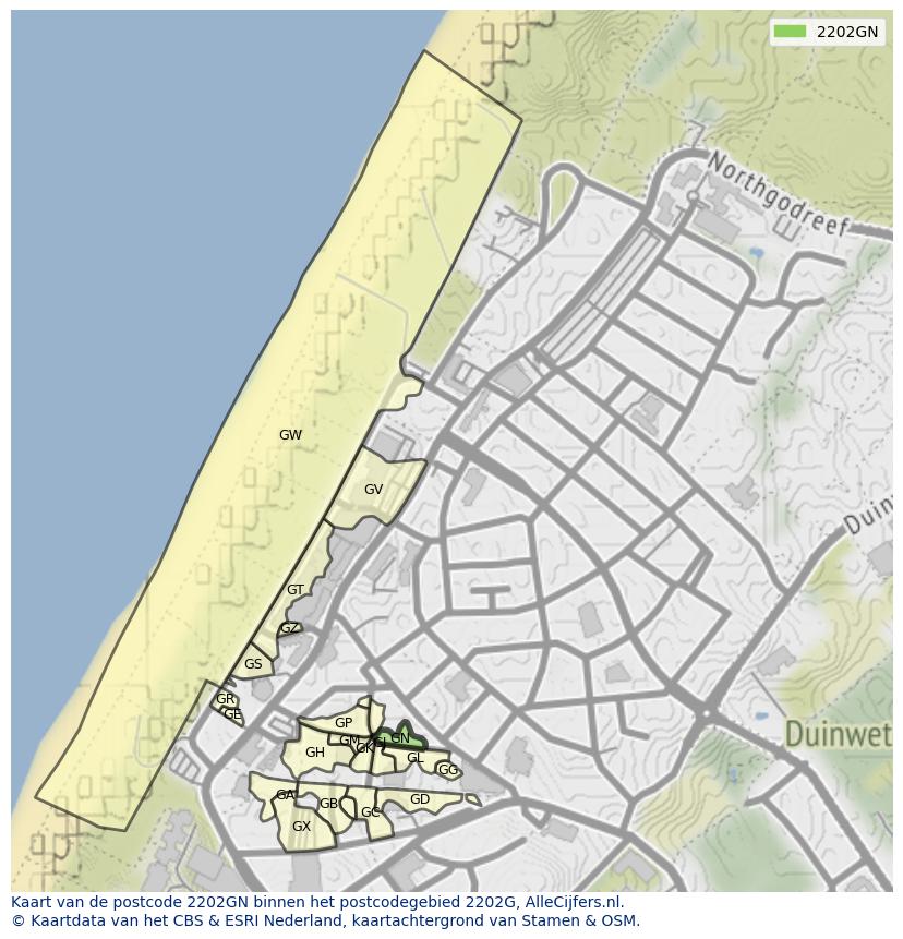 Afbeelding van het postcodegebied 2202 GN op de kaart.