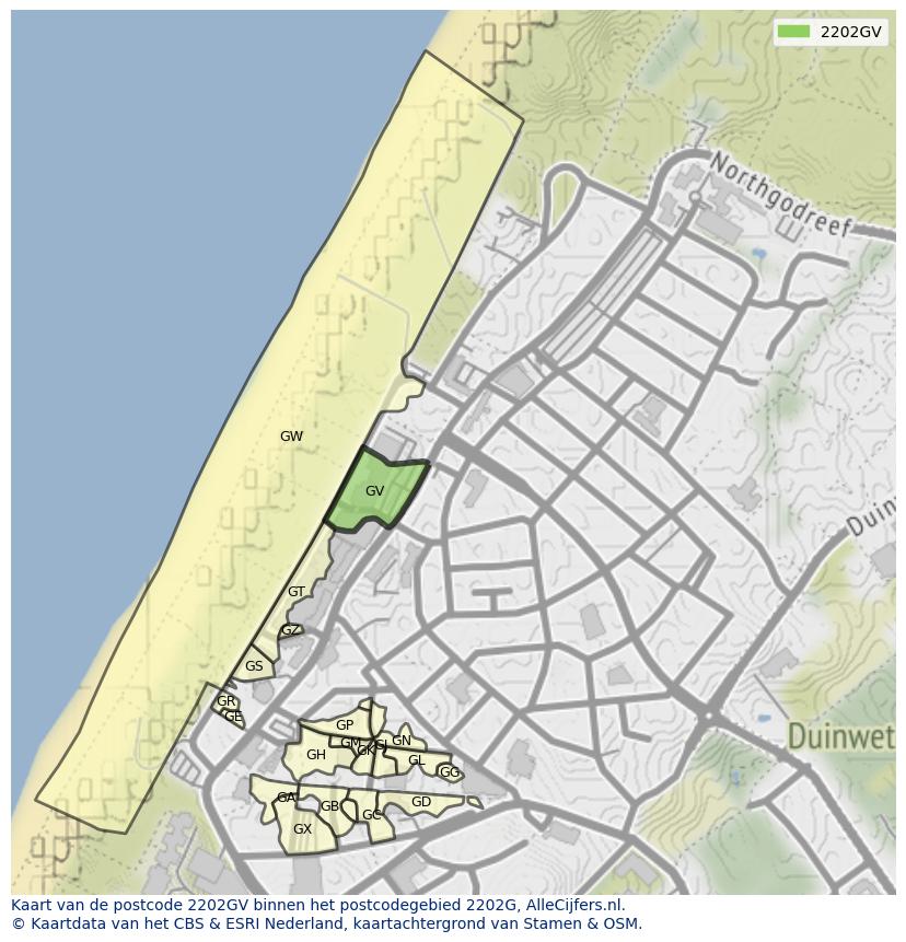 Afbeelding van het postcodegebied 2202 GV op de kaart.