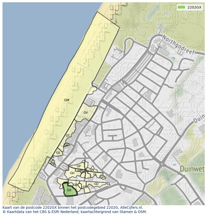 Afbeelding van het postcodegebied 2202 GX op de kaart.