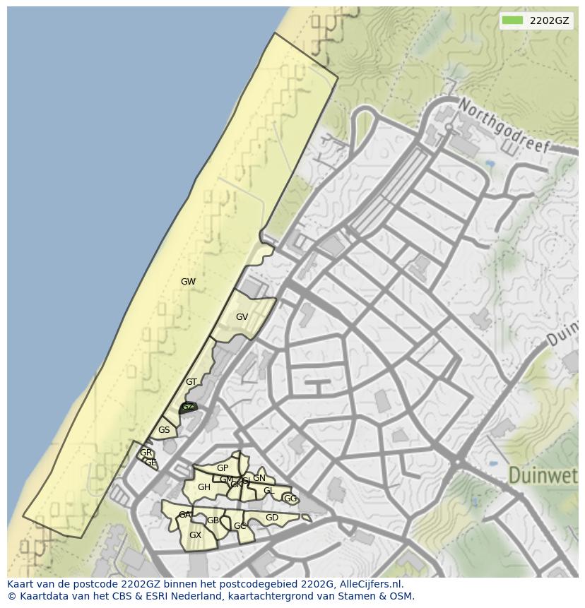 Afbeelding van het postcodegebied 2202 GZ op de kaart.