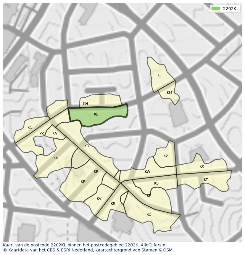 Afbeelding van het postcodegebied 2202 KL op de kaart.