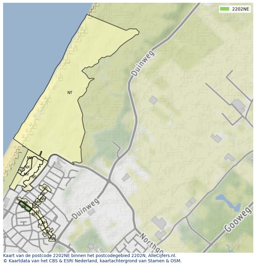Afbeelding van het postcodegebied 2202 NE op de kaart.