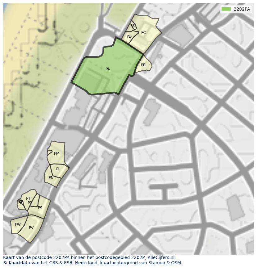 Afbeelding van het postcodegebied 2202 PA op de kaart.