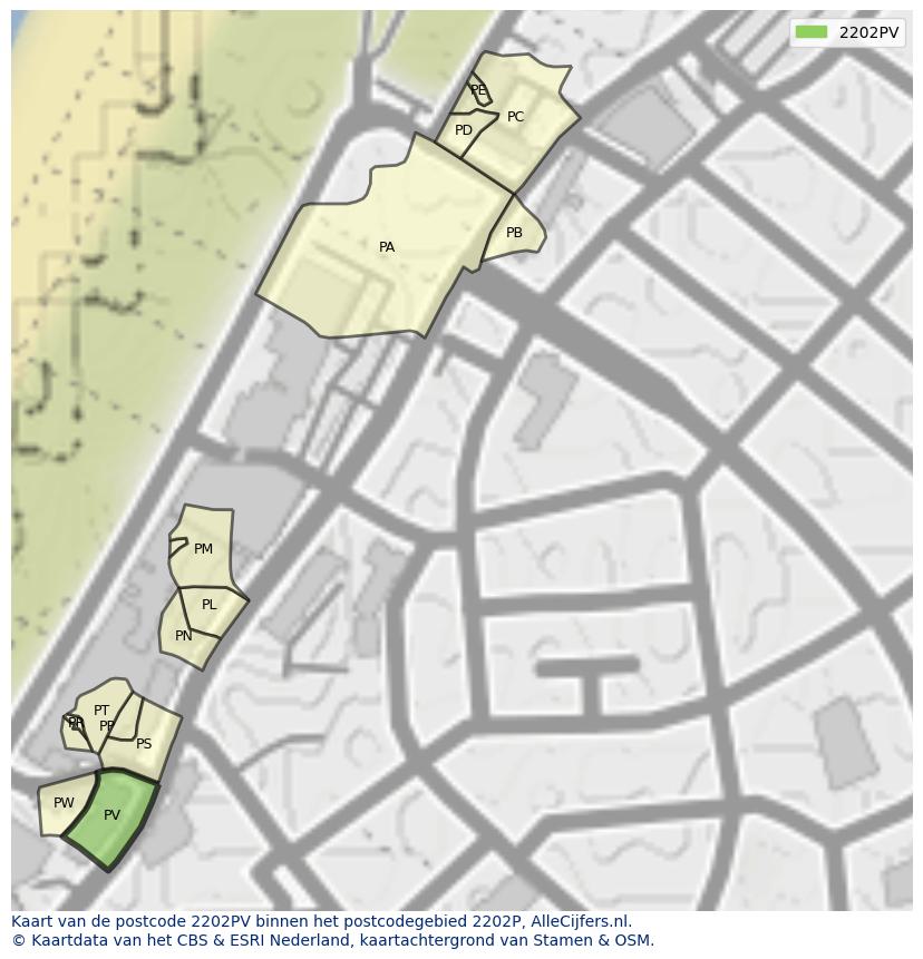 Afbeelding van het postcodegebied 2202 PV op de kaart.