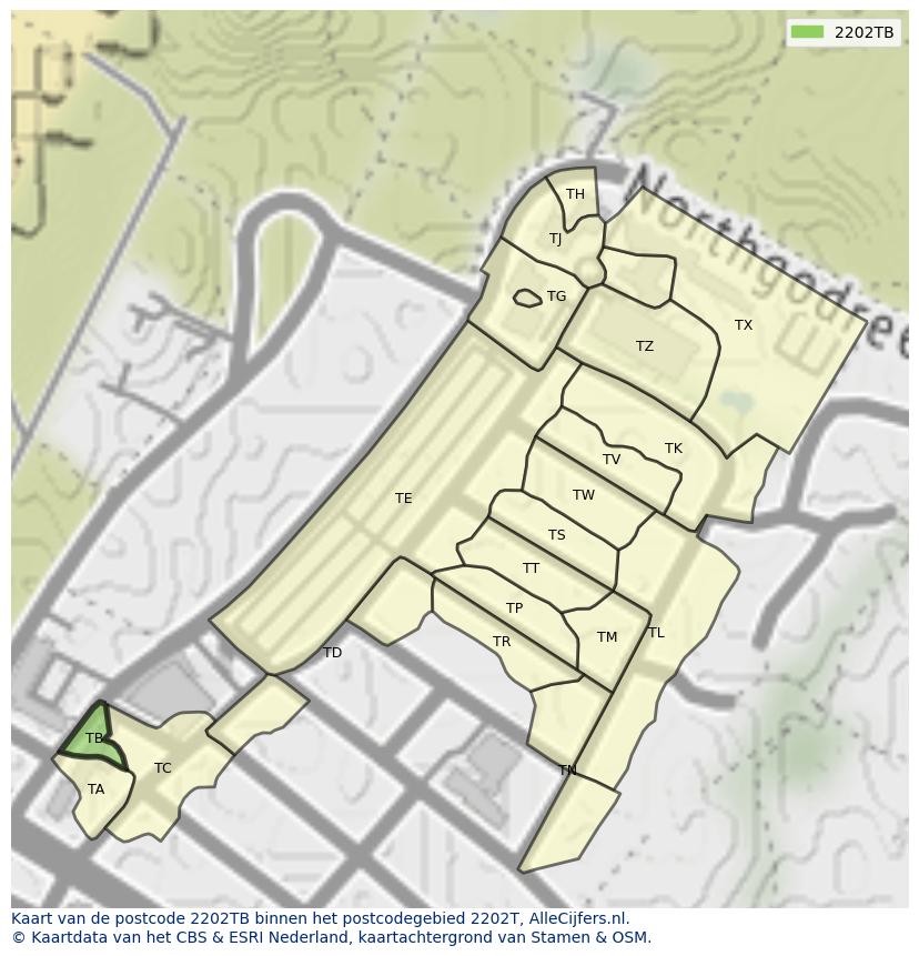Afbeelding van het postcodegebied 2202 TB op de kaart.