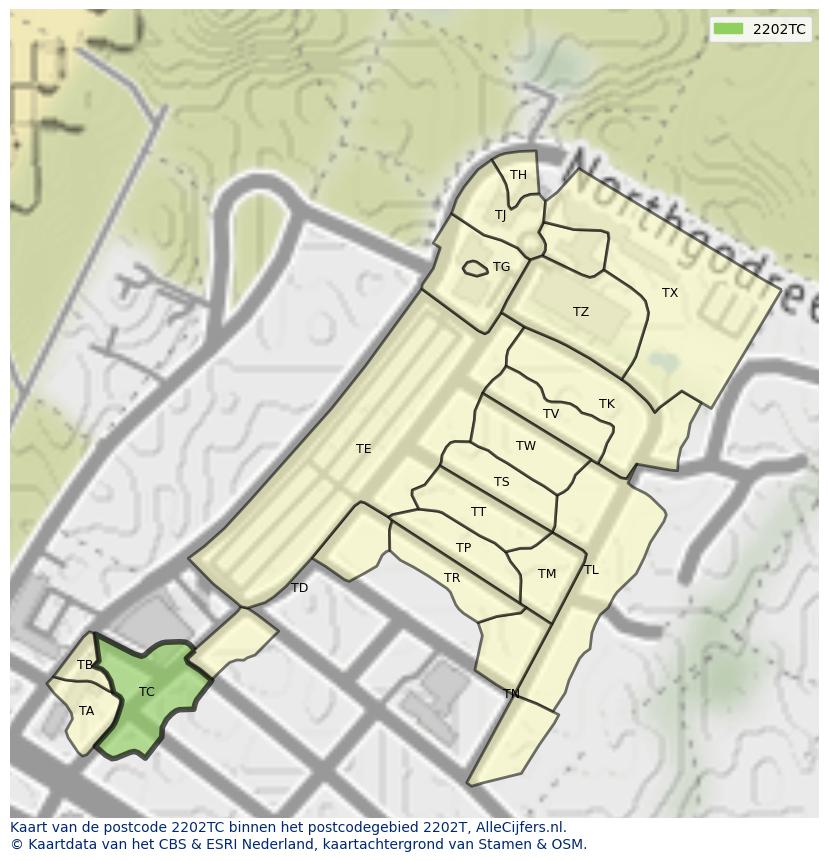 Afbeelding van het postcodegebied 2202 TC op de kaart.