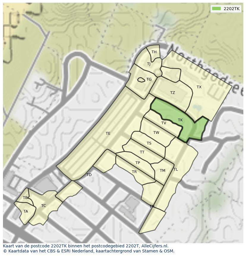 Afbeelding van het postcodegebied 2202 TK op de kaart.