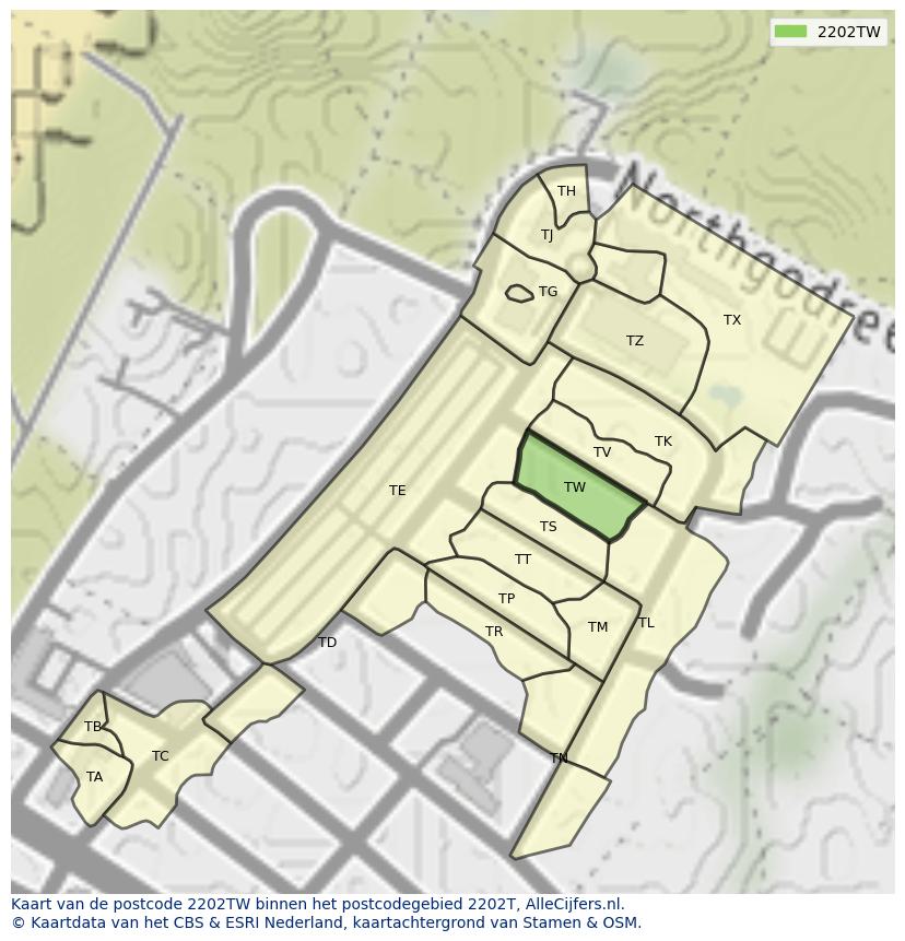 Afbeelding van het postcodegebied 2202 TW op de kaart.