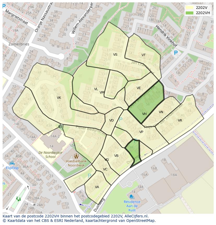 Afbeelding van het postcodegebied 2202 VH op de kaart.