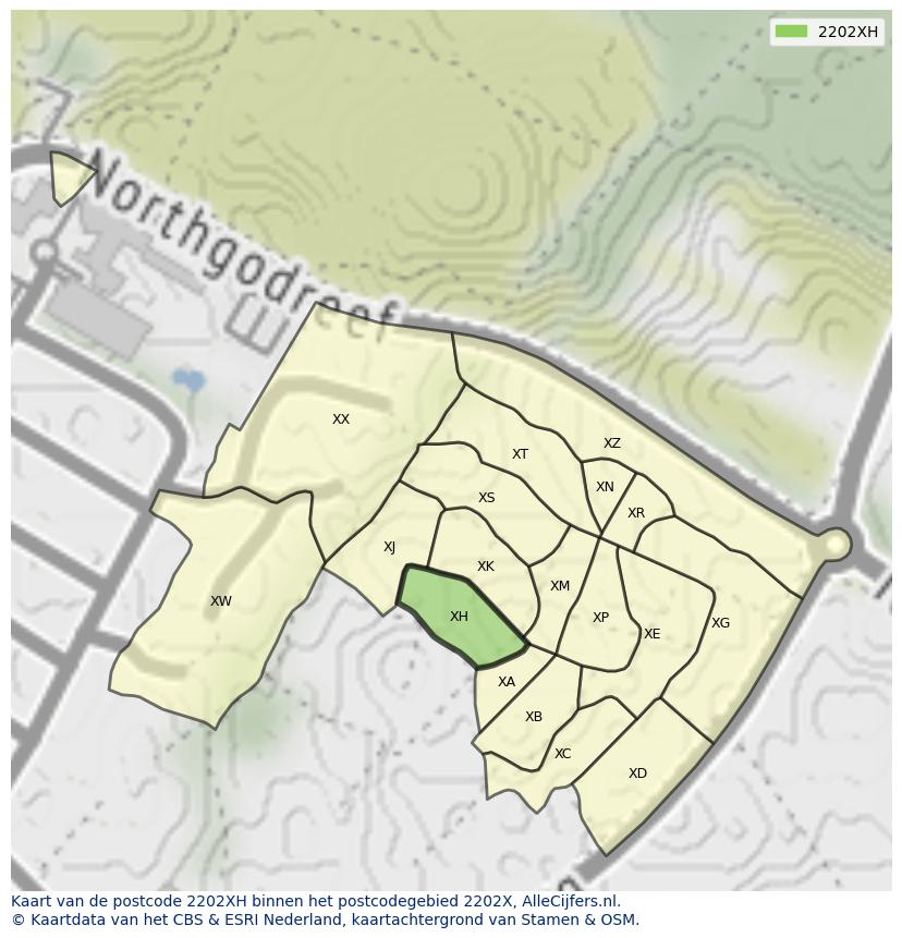 Afbeelding van het postcodegebied 2202 XH op de kaart.