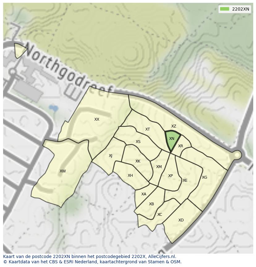 Afbeelding van het postcodegebied 2202 XN op de kaart.