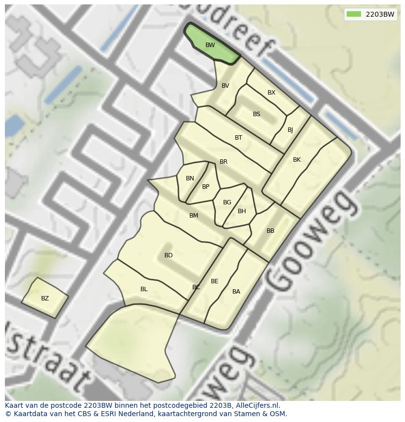 Afbeelding van het postcodegebied 2203 BW op de kaart.