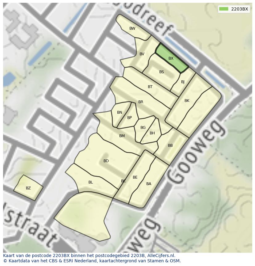 Afbeelding van het postcodegebied 2203 BX op de kaart.
