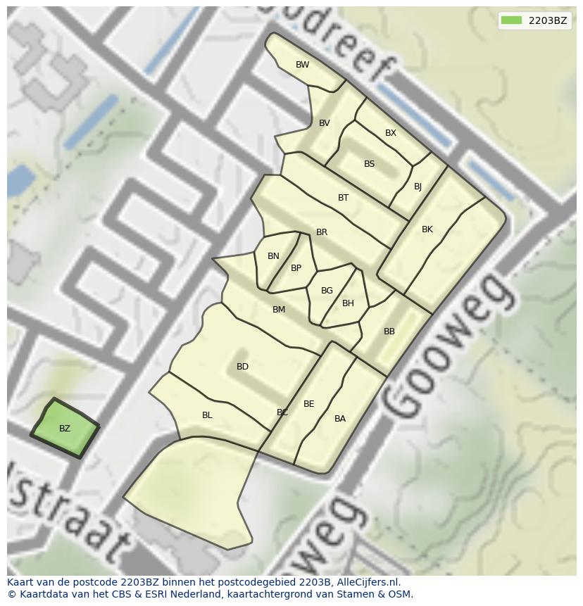 Afbeelding van het postcodegebied 2203 BZ op de kaart.